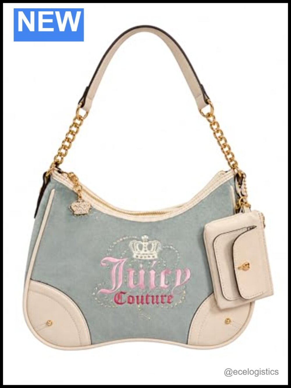 Faux Leather Velour Hobo Shoulder Bag with Chain Strap and Detachable Card Case